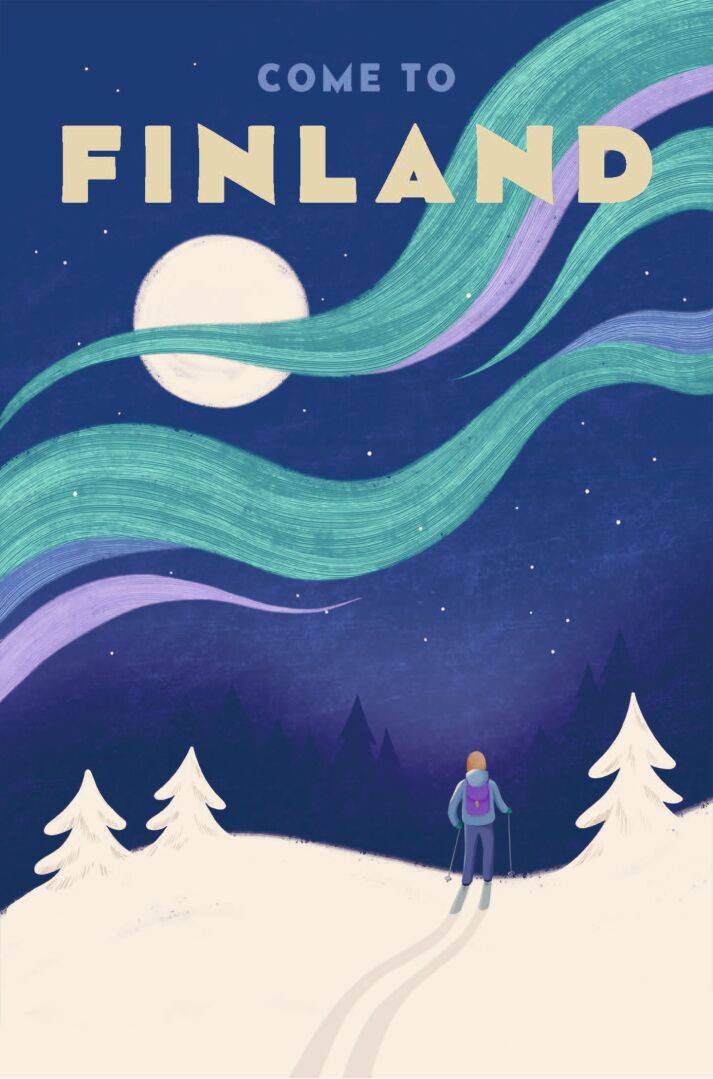 Skiing in Moonlight - Postcard